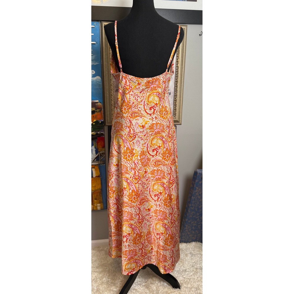 Tropical Orange Pink Paisley Festival Cowl Neck 90s Midi Slip Dress Slit Medium - Picture 7 of 7